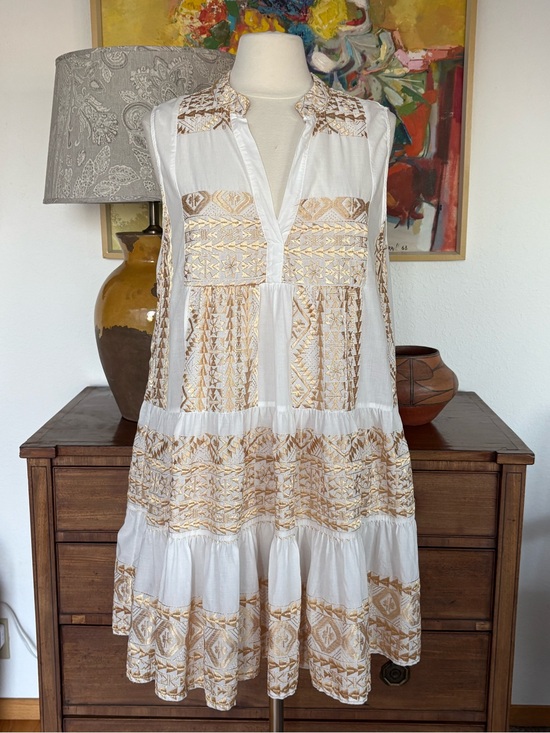 Greek Archaic Kori Dresses & Skirts - Greek Archaic Kori White and Gold Embroidered Sleeveless Tiered Dress
